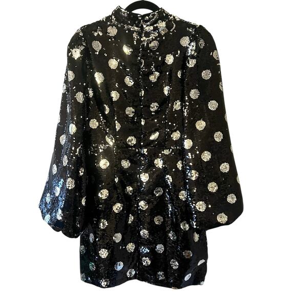 Sister Jane Olympic Long Sleeve Polka Dot Sequin Mini Dress Black Silver Medium - Picture 8 of 11